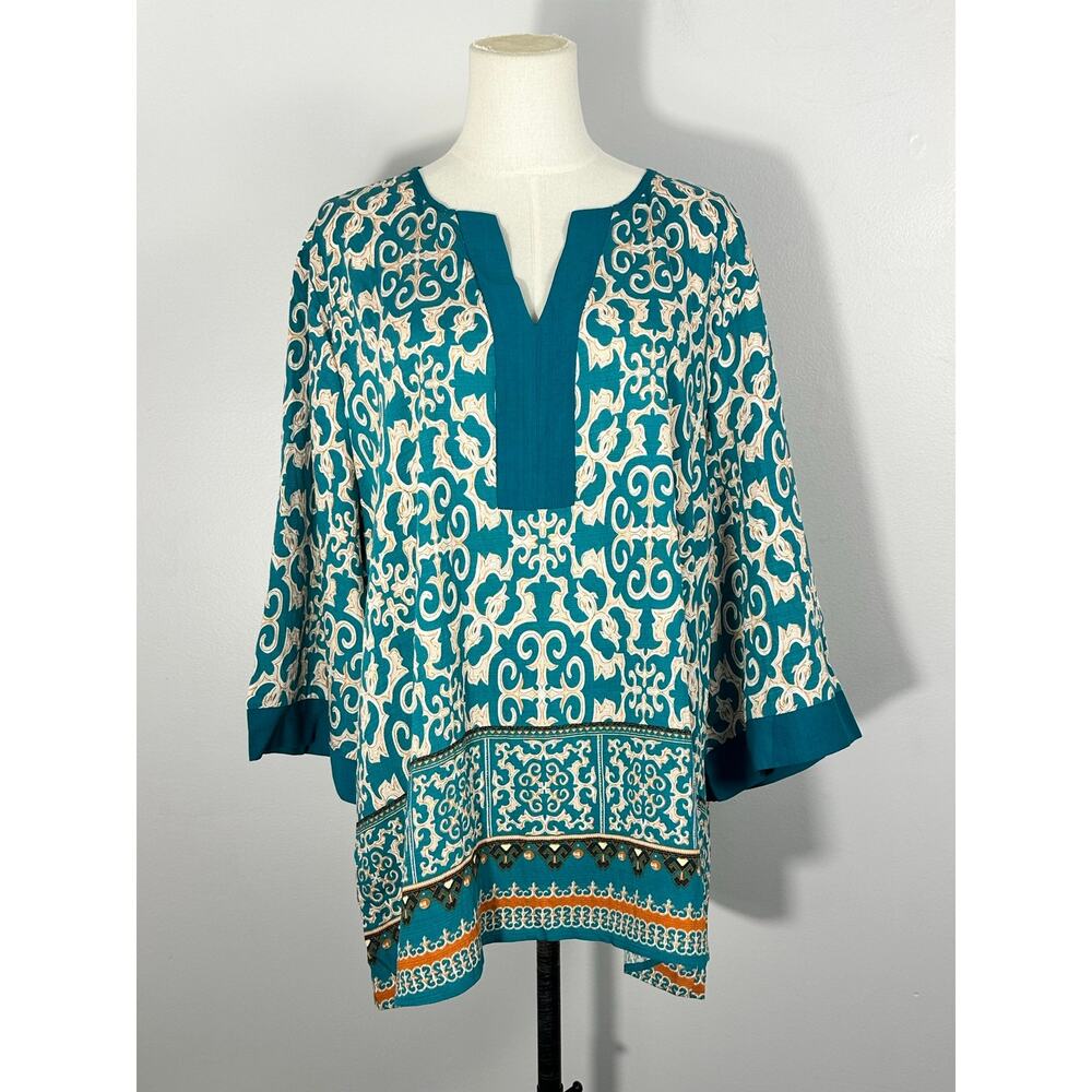 Bebonnie NWT Boho Tunic Blouse XL Teal Scroll Print 3/4 Bell Sleeve Peasant Top